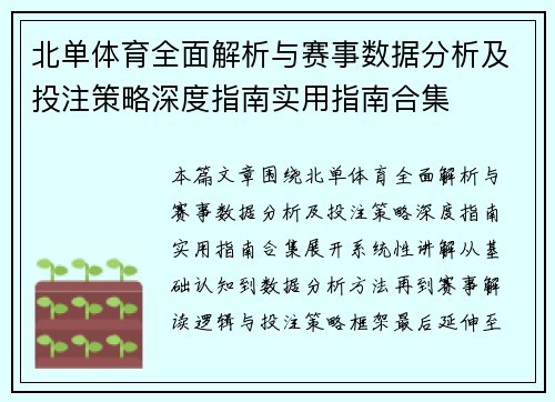 北单体育全面解析与赛事数据分析及投注策略深度指南实用指南合集